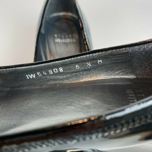 Stuart Weitzman Wedge Heels 5.5‎ Black Patent Leather Silver Bow Office Career - Picture 7 of 11